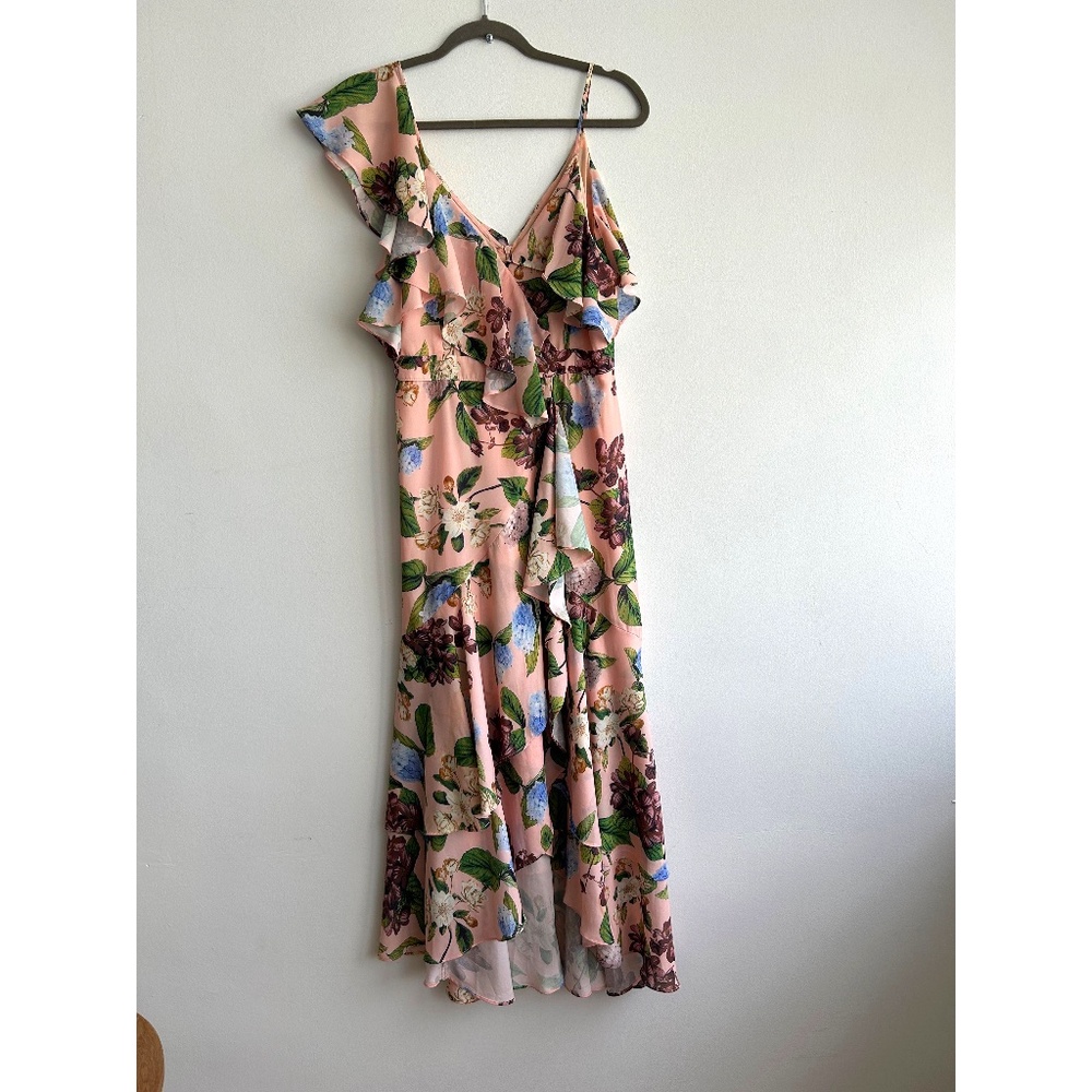 O.P.T. Pink Floral V-neck Off Shoulder Ruffle Dress Size S-M Pink - Picture 2 of 9